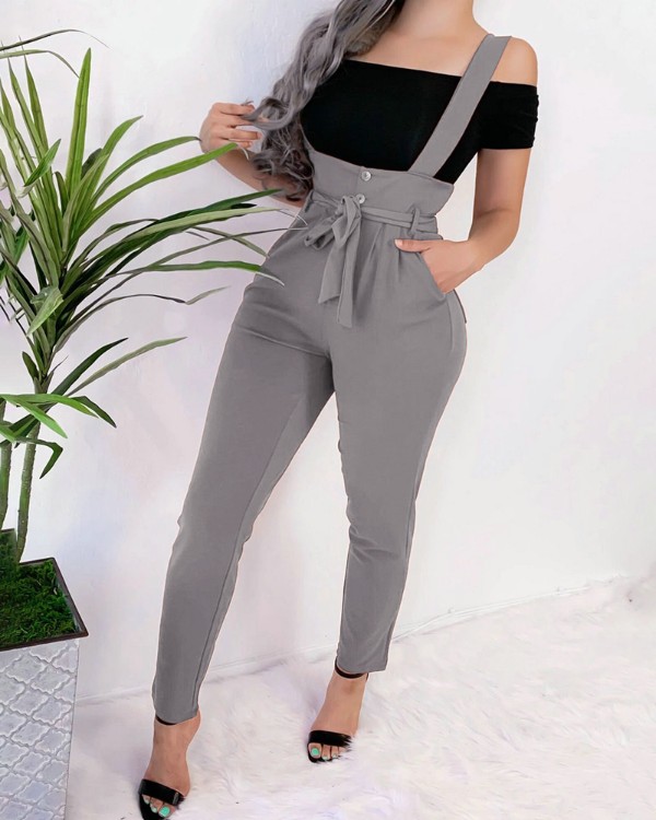 Solid High Wasit Casual Suspender Jumpsuit Solid High Wasit Casual Suspender Jumpsuit