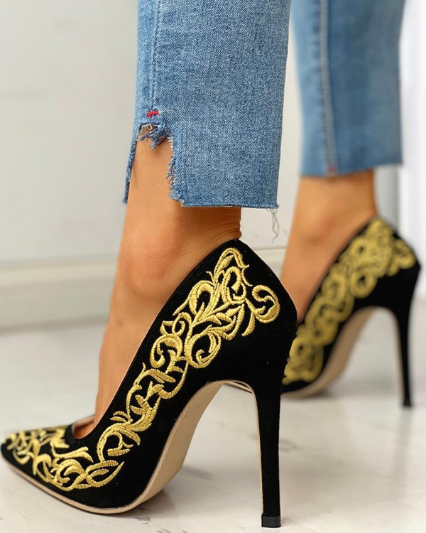 Pointed Toe Embroidery Thin Heels Pointed Toe Embroidery Thin Heels