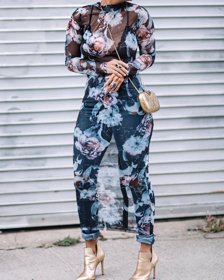 Floral See Through Bodycon Midi Dress