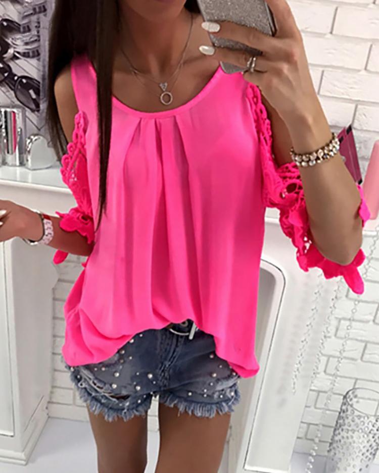 Lace Crochet Cold Shoulder Pleated Blouse