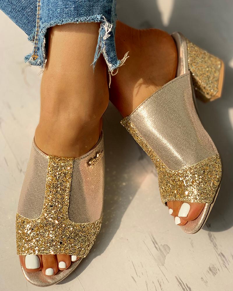 Glitter Peep Toe Slingback Chunky Heeled Sandals