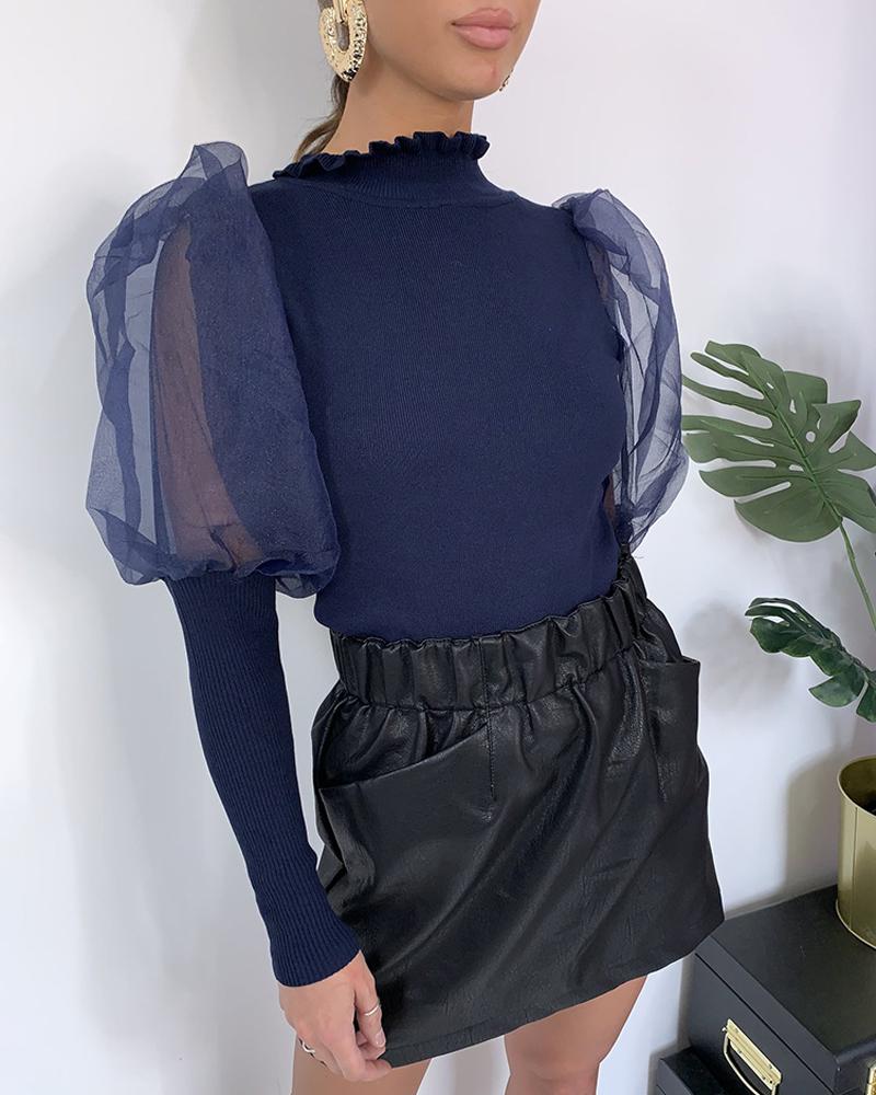 Solid Patchwork Mesh Puff Sleeve Blouse