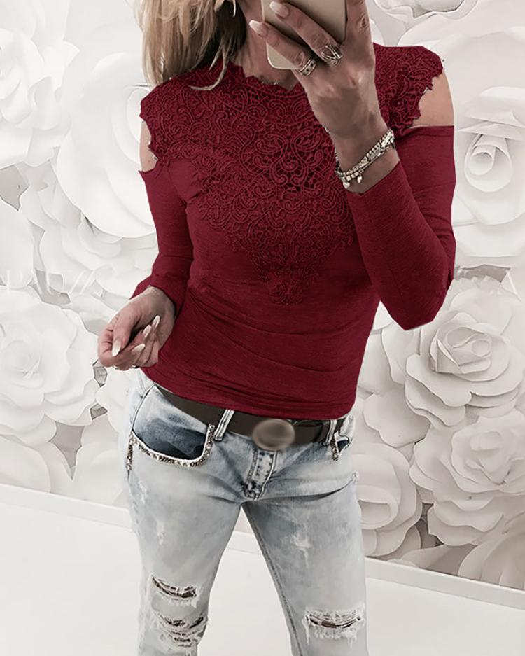 Appliqued Lace Cold Shoulder Blouse