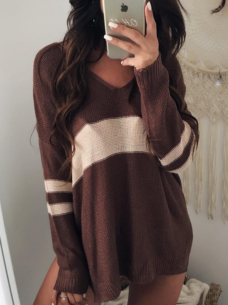 Contrast Stripes V Neck Casual Sweater