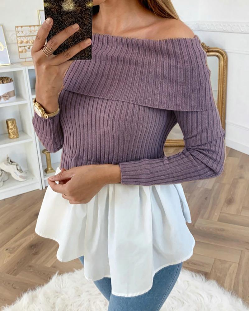 Off Shoulder Ribbed Long Sleeve Colorblock Insert Ruffles Blouse