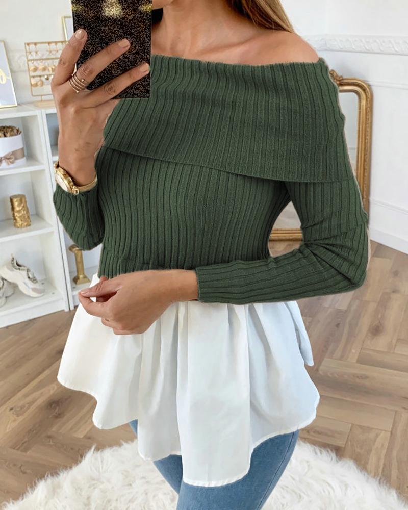 Off Shoulder Ribbed Long Sleeve Colorblock Insert Ruffles Blouse