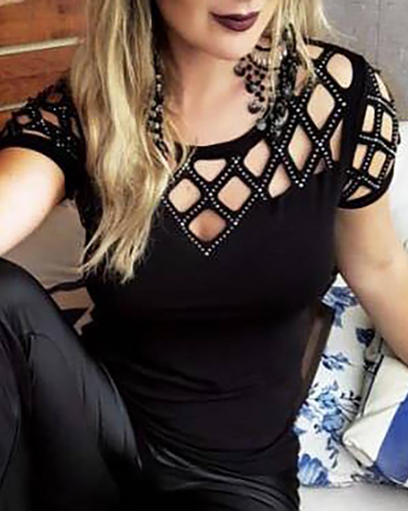 Studded Grid Hollow Out Casual Top