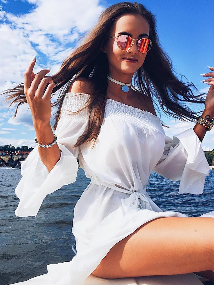 Sexy Flare Sleeve Drop Hem Pleated Chiffon Casual Dress