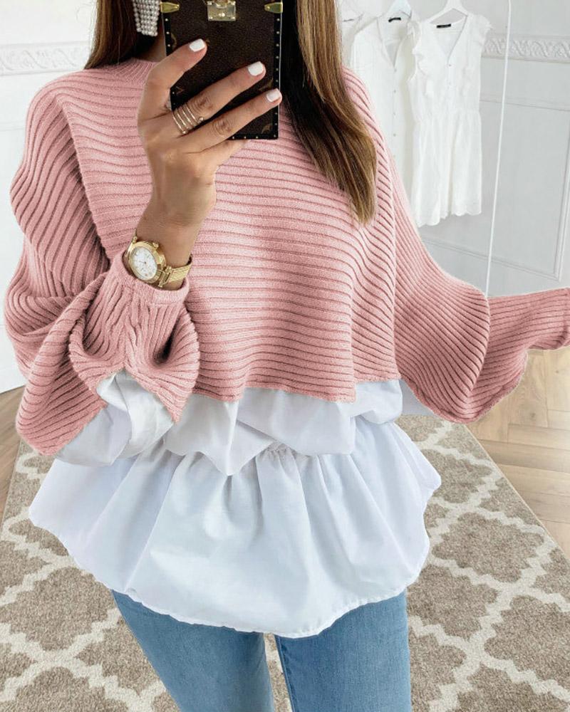 Colorblock Insert Ruffles Ribbed Batwing Sleeve Blouse