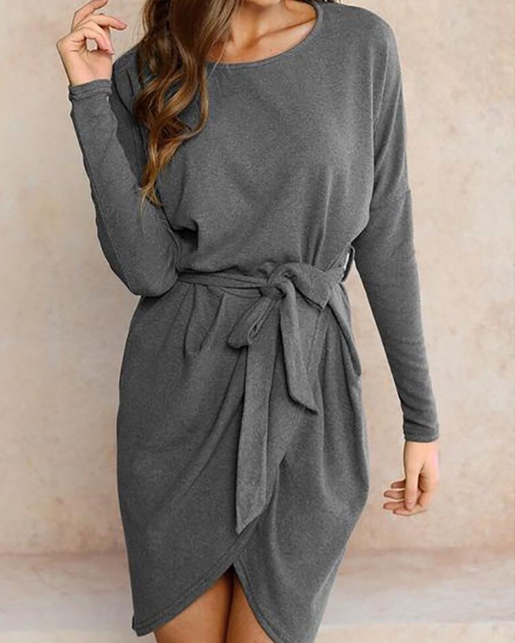 Trendy Batwing Sleeve Tied Waist Irregular Casual Dress