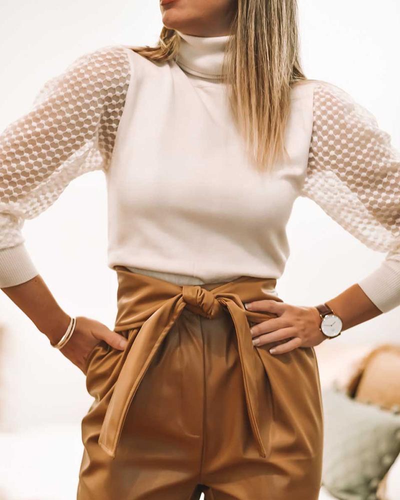 High Neck Long Sleeve Lace Insert Blouse