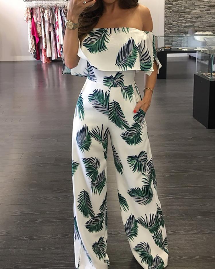 Fashion Print Frilled Off Shoulder Flared Jumpsuit