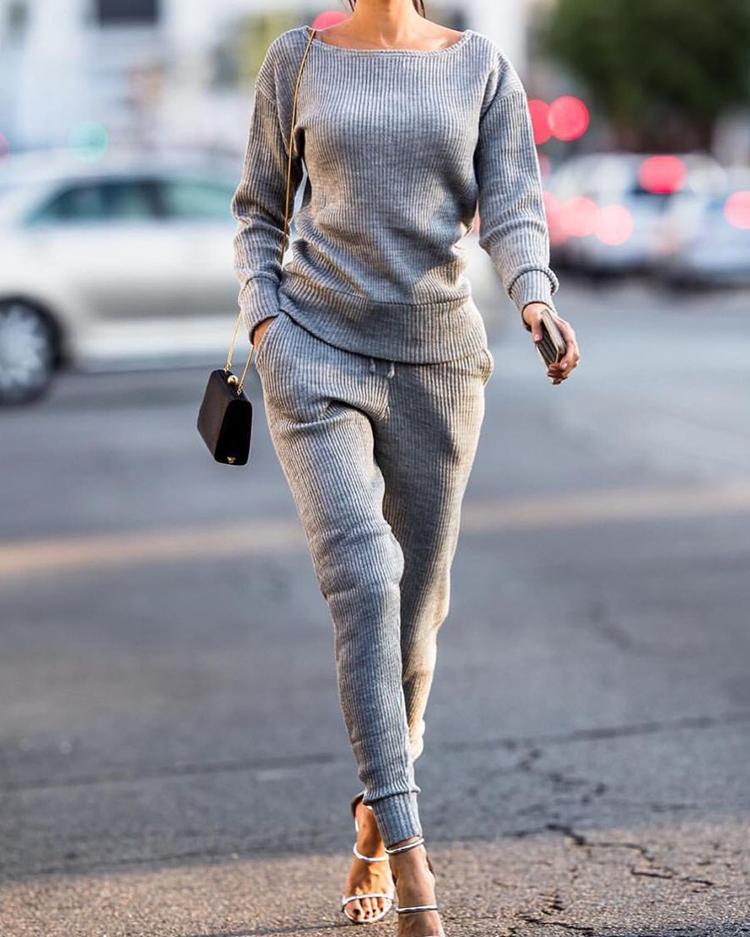 Long Sleeve Drawstring Knitted Top & Pants Set