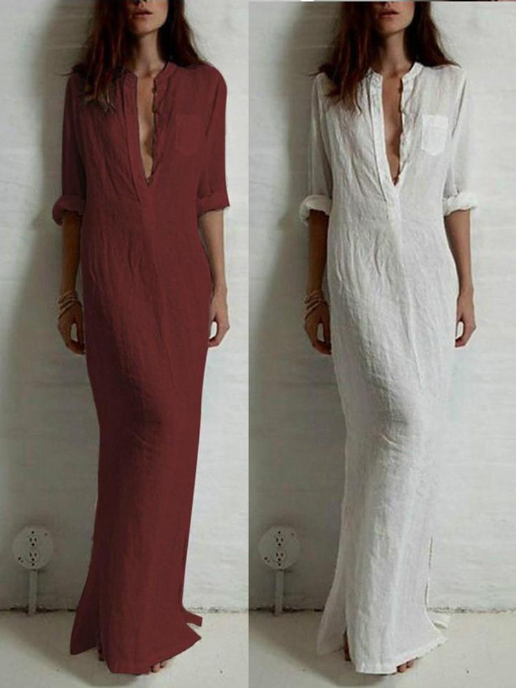Women's Long Sleeve Deep v Split Maxi Dress Dress ShirtSexy Slim Fit Long Dress Casual Dresses Evening Dress