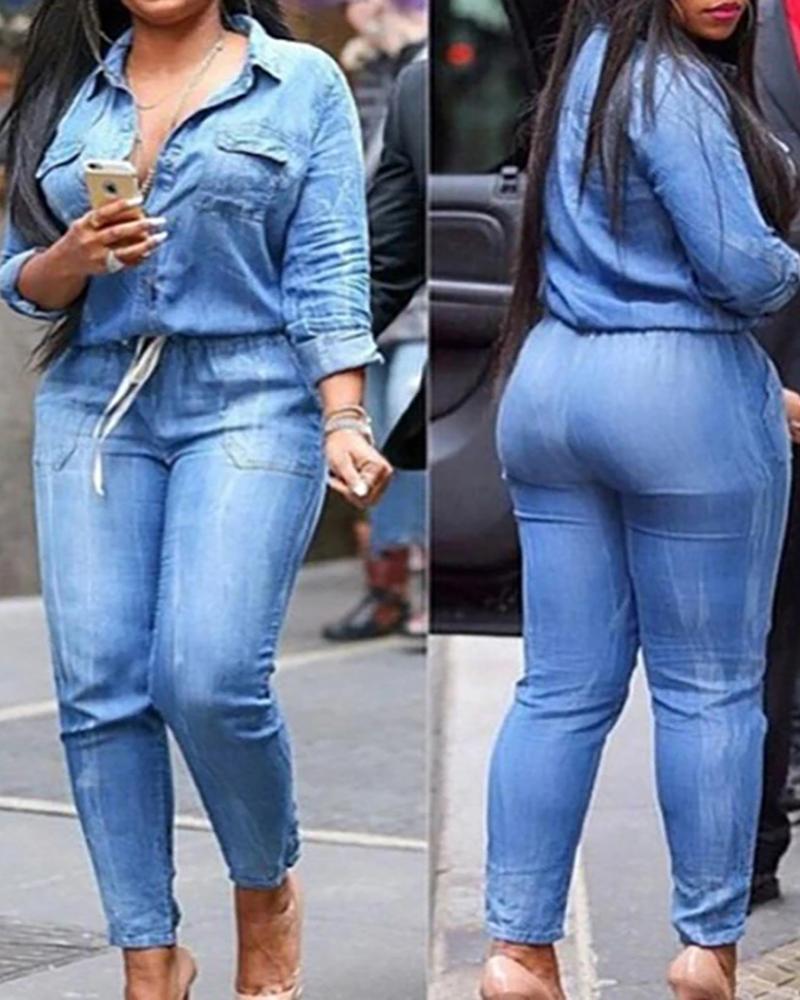 Women Long Sleeve Slim Fit Denim Jumpsuit