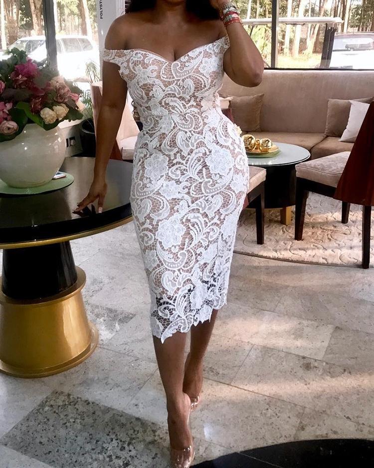 Off Shoulder Lace Cocktail Midi Dress