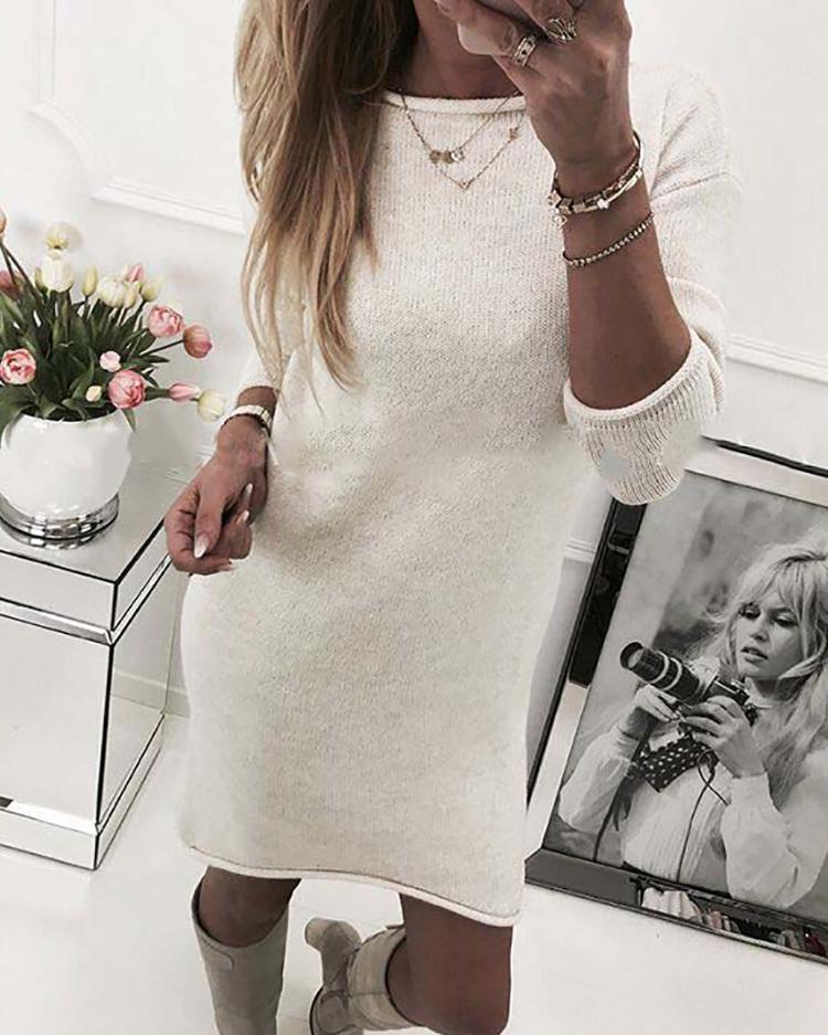 Solid Crew Neck Long Sleeve Casual Mini Dress