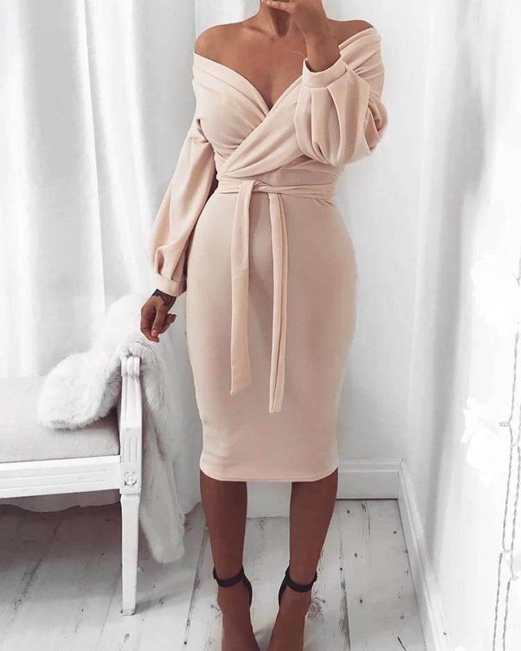 Off Shoulder Twisted Waist Tie Sexy Midi Dress