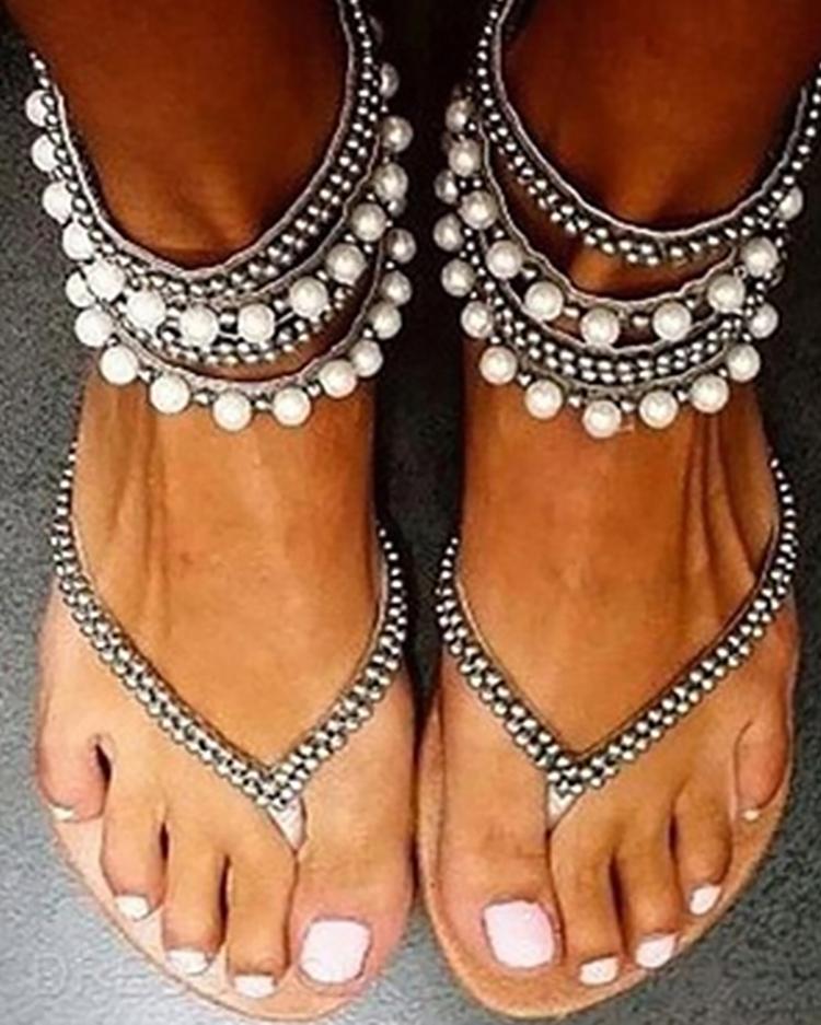 Stylish Beading Embellished Ankle Strap Flip-flop Sandals