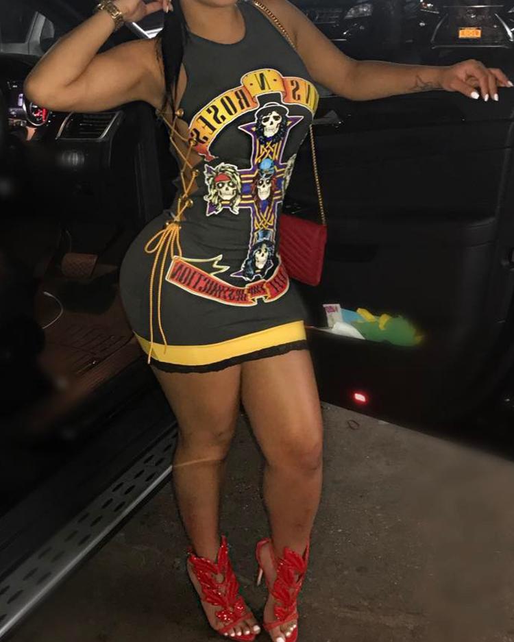 Skull Print Lace-Up Side Bodycon Mini Dress