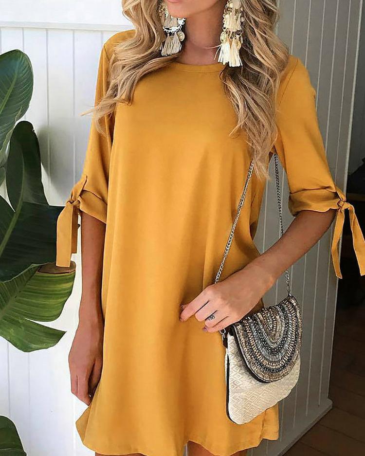 Fashion Solid Tied Sleeve Tunic Dress
