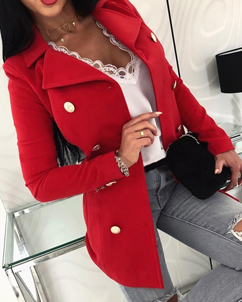 Solid Notched Collar Double-breasted Wool Blazer