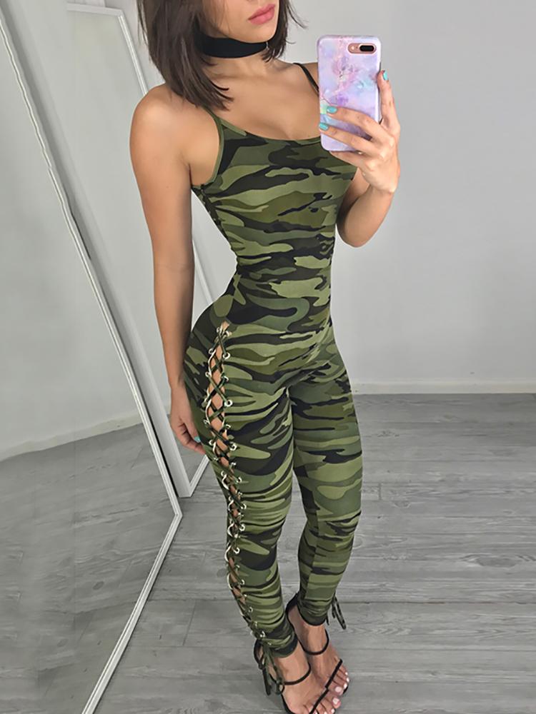 Stylish Camouflage Printed Side Lace Up Jumpsuit