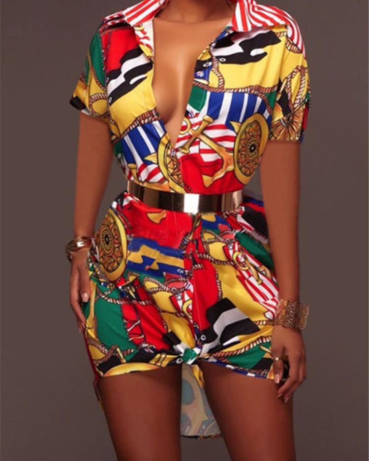 Stylish Retro Print Lapel Collar Casual Dress