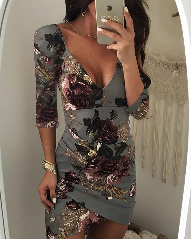 Asymmetric Floral Print Open Back Bodycon Dress
