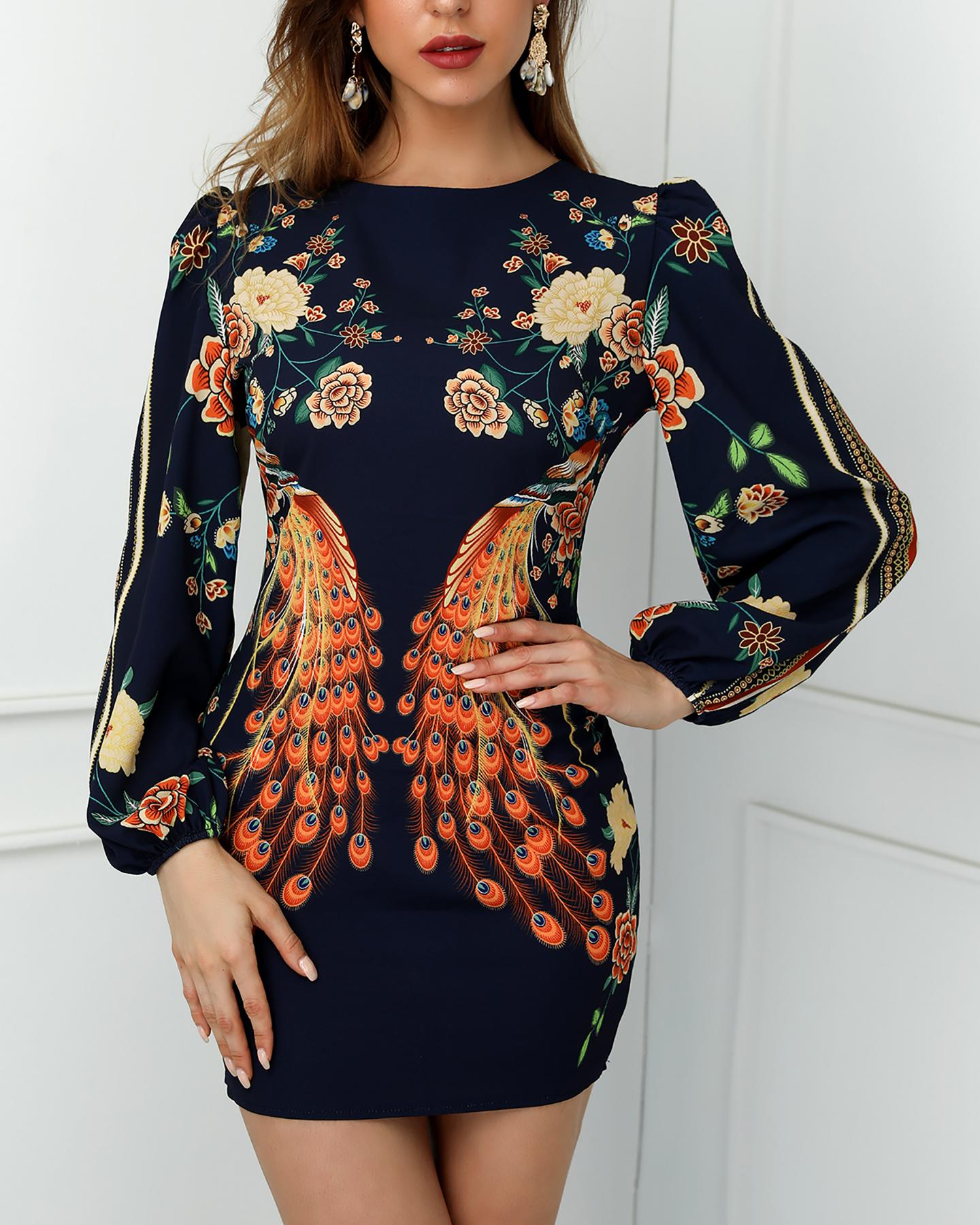 Cutout back bishop sleeve floral bodycon dress online