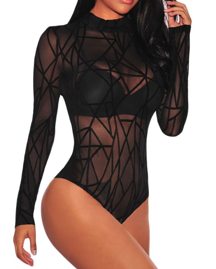 Plus Size Sheer Mesh Geometric Bodysuit