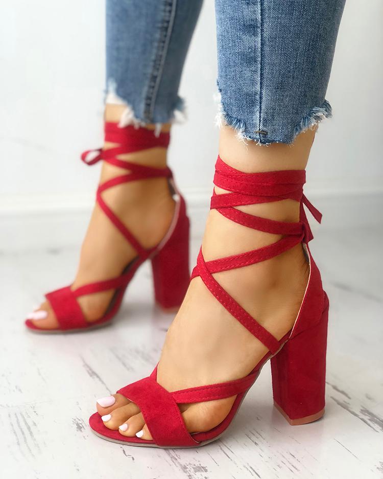 Solid Strappy Chunky Heeled Sandals