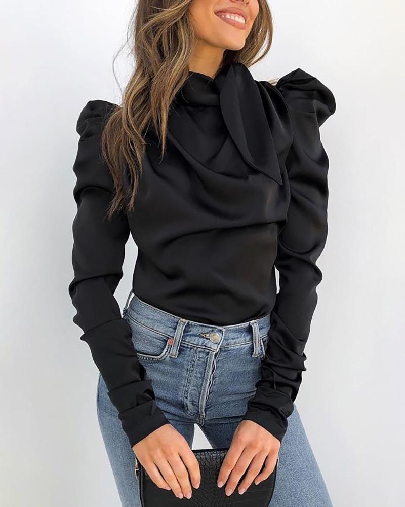 Solid Puff Sleeve Tied Neck Blouse