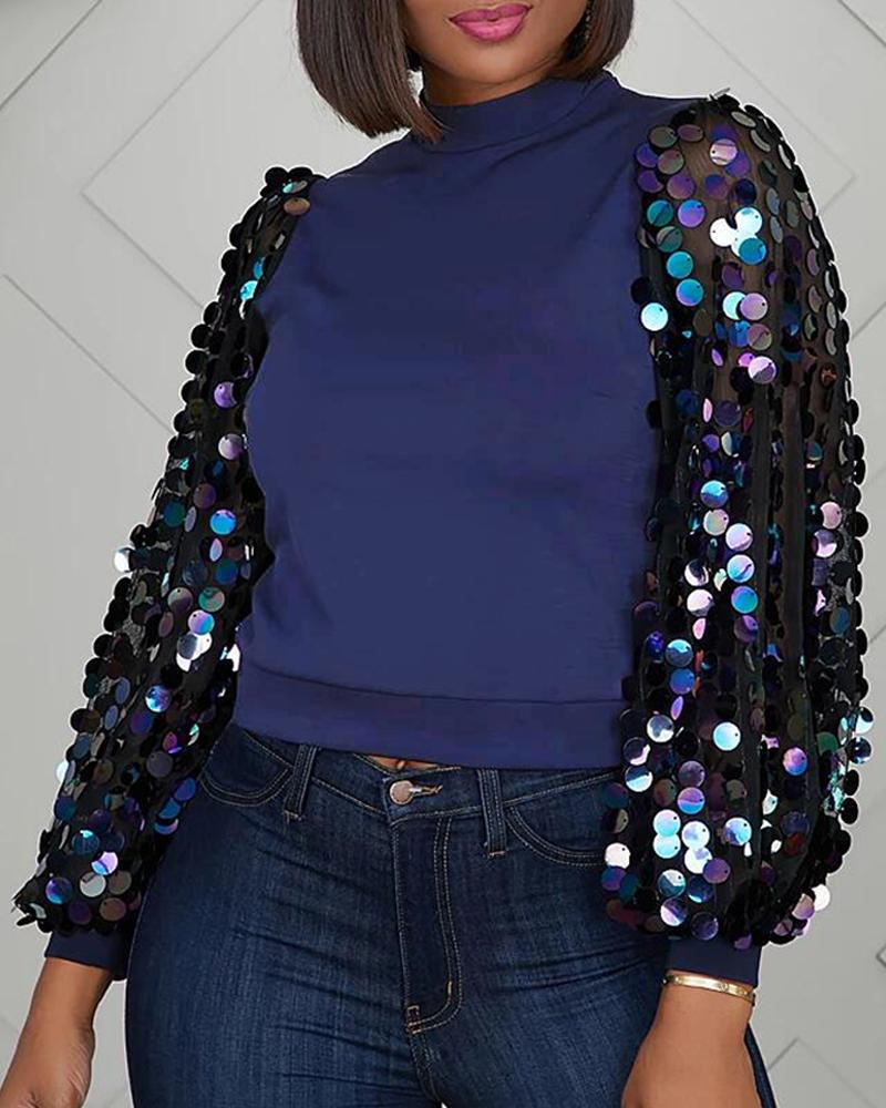 Solid Patchwork Sequins Sleeve Blouse