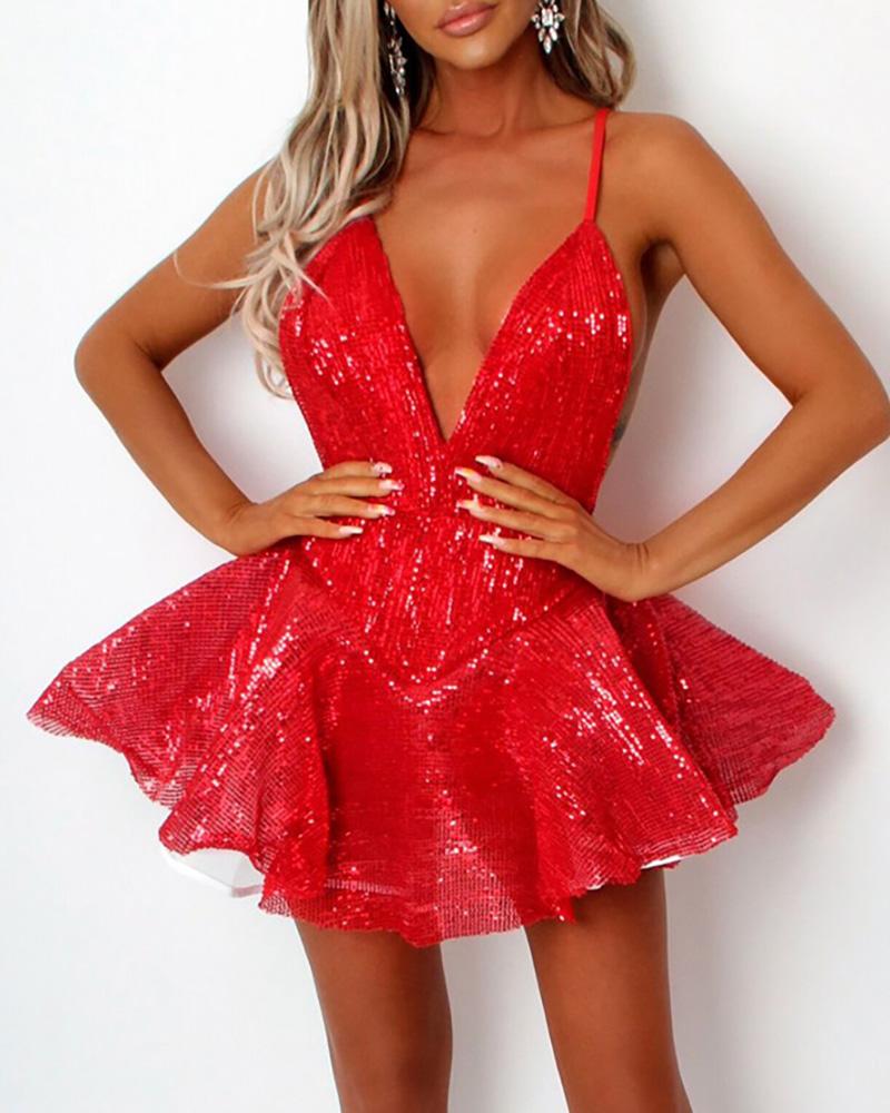 Glitter Plunge Sleveless Party Sequins Dress