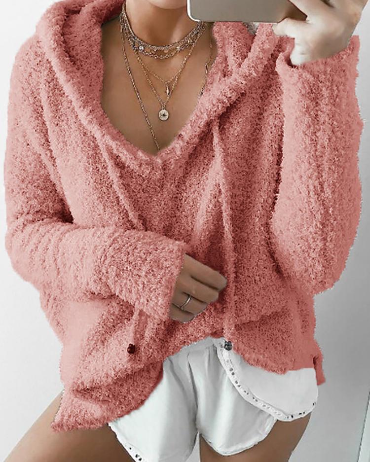 Fashion Fuzzy Drawstring Hoodies Sweatshirt