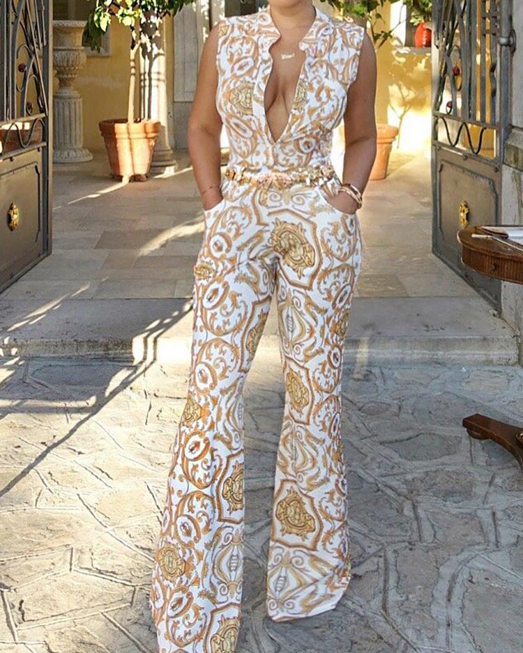 Plunge Print Sleeveless Wide Leg Jumpsuit