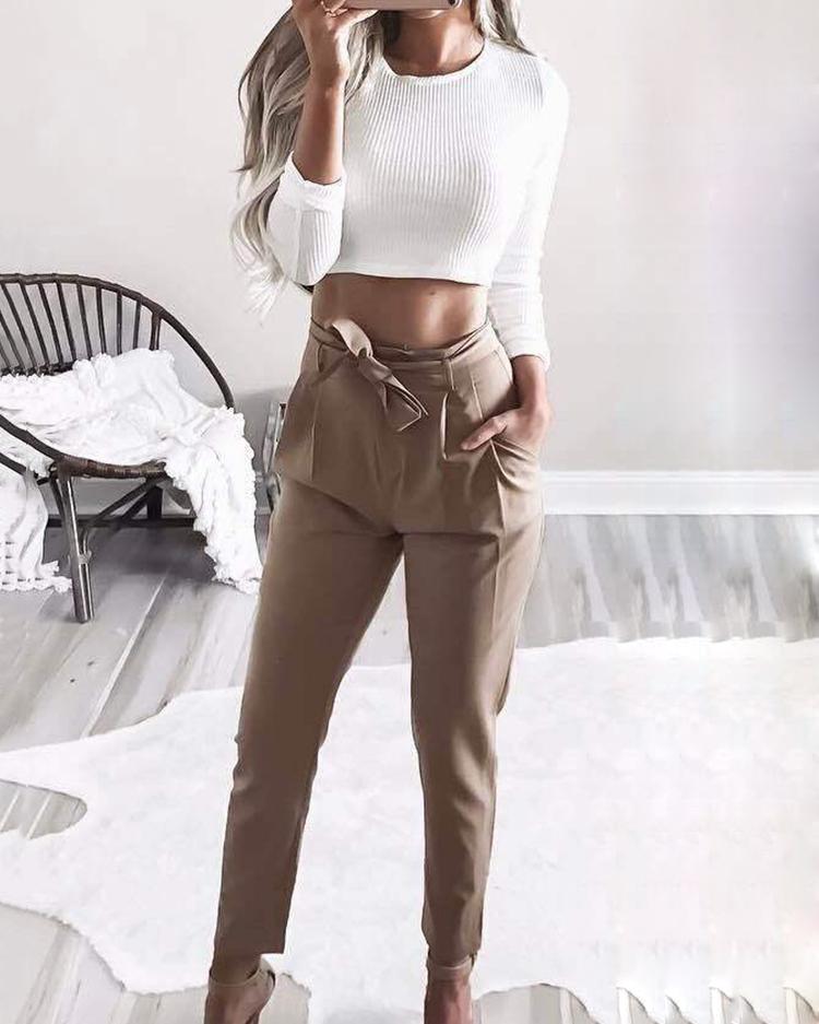 Sexy Eyelet Lace-up Back Knitted Cropped Top