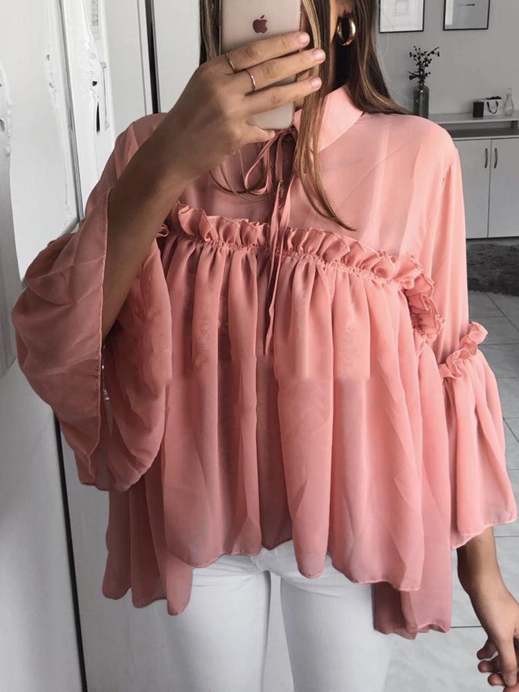 

Tie Neck Frills Flared Sleeve Babydoll Blouse, Pink