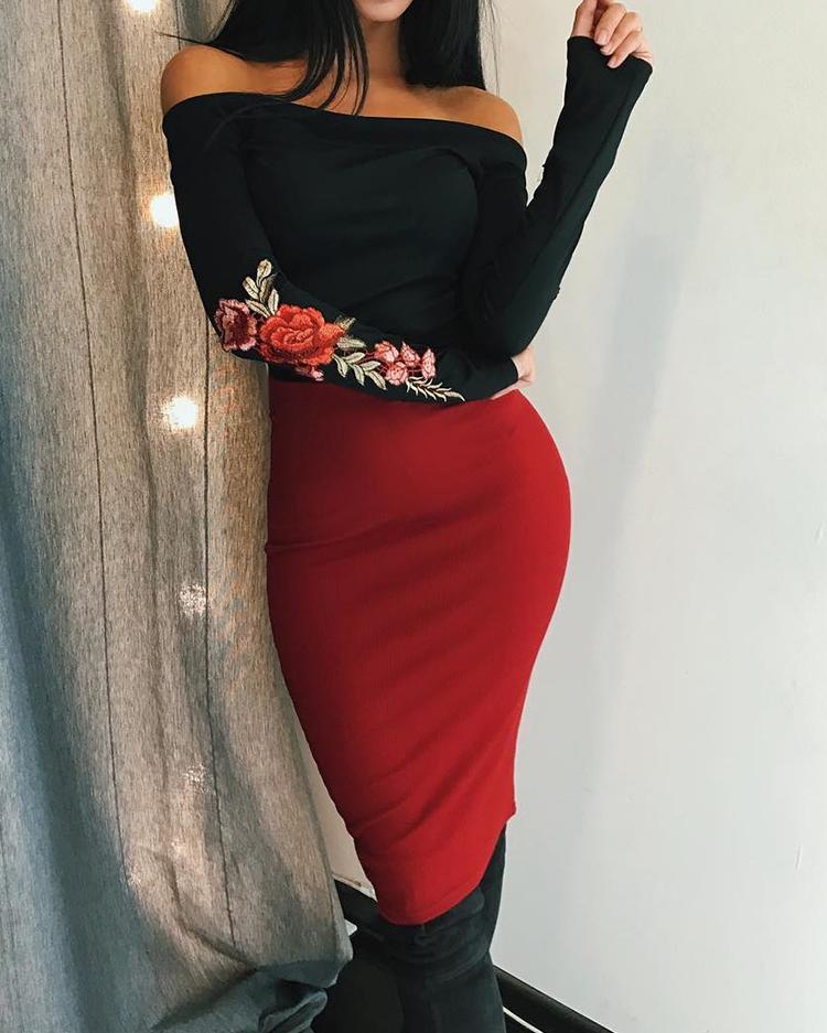 Splicing Floral Off Shoulder Bodycon Dress