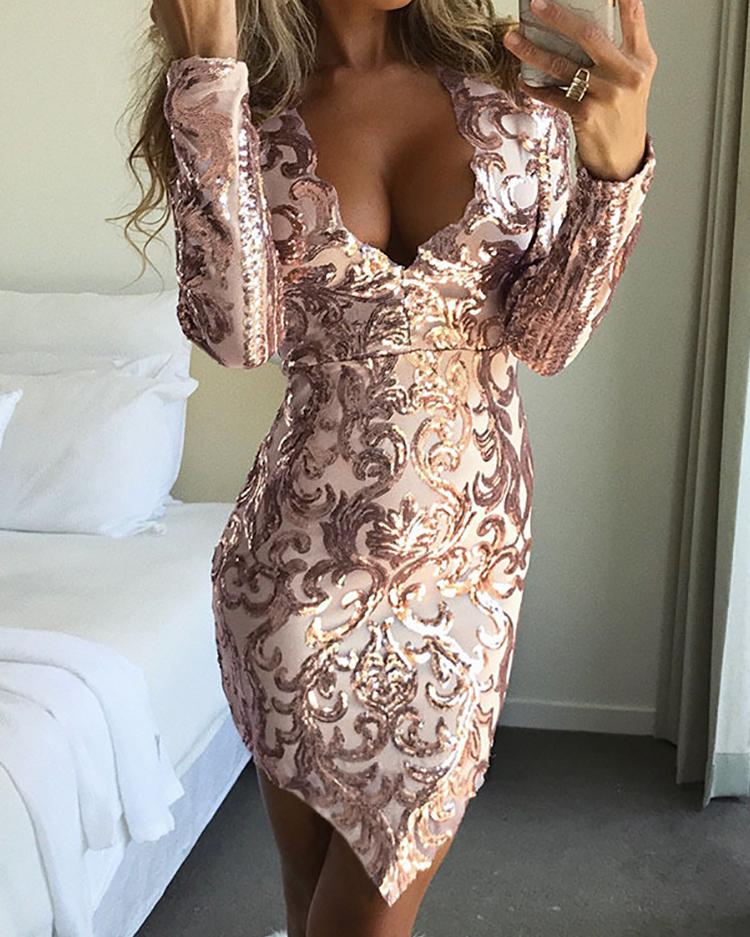 Long Sleeve Deep V Sequin Dress