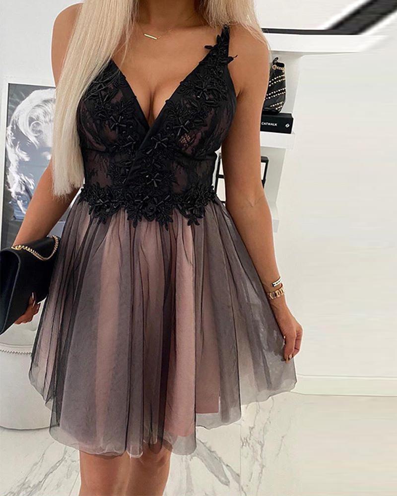 

V Neck Lace Top Skater Dress, Black