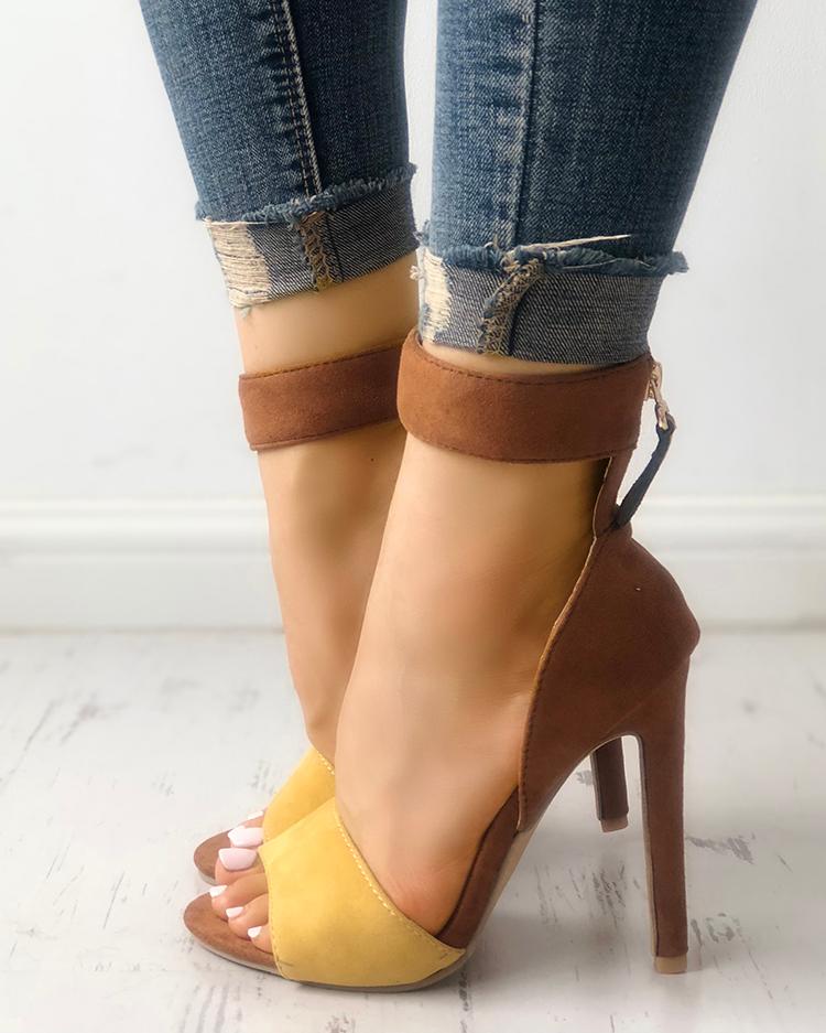 

Contrast Color Two Part Thin Heeled Sandals, Khaki