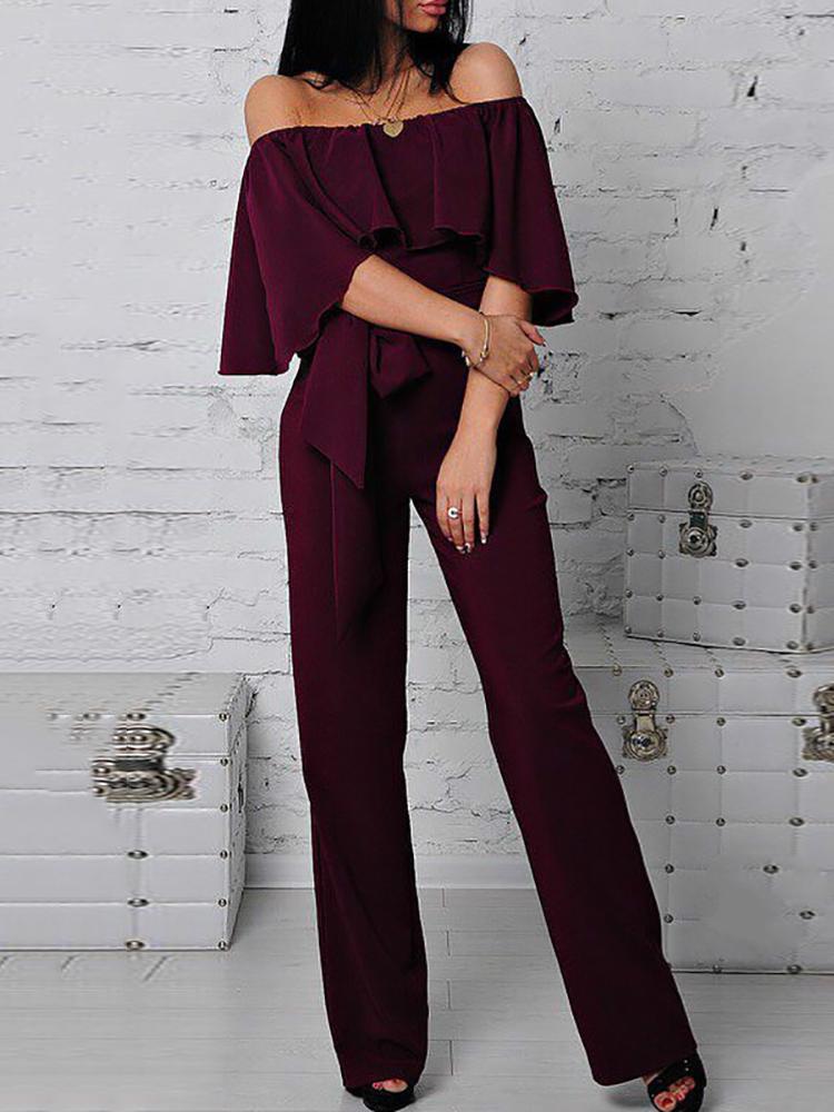 

Ruffled Off Shoulder Belted Jumpsuit