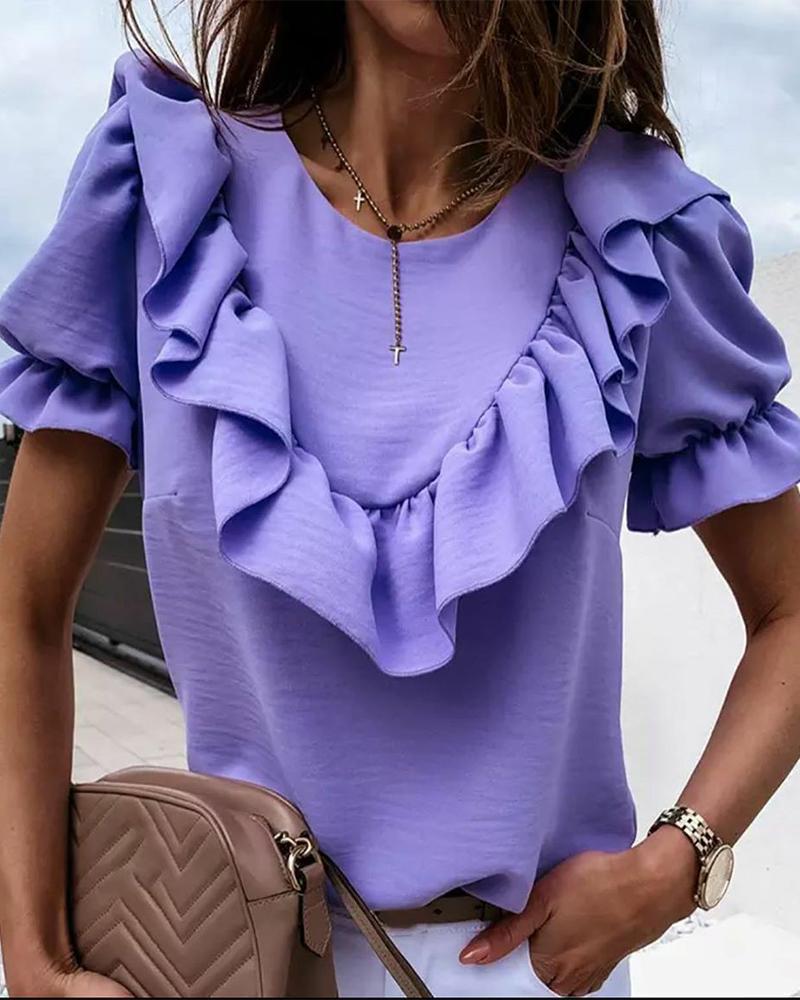 

Solid Round Neck Ruffle Trim Top, Purple