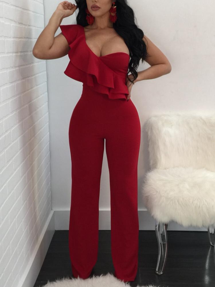 

One Sided Layered Ruffles Slinky Jumpsuit, Red