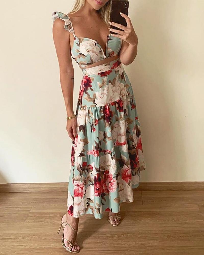 

Floral Print Ruffles Top & Ruched Maxi Skirt Set, Green