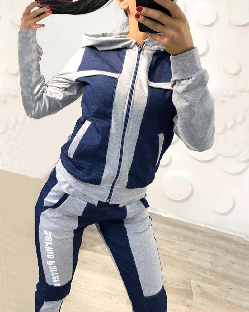 

Hooded Colorblock Insert Zipper Long Sleeve Jacket & Pants Sets, Gray