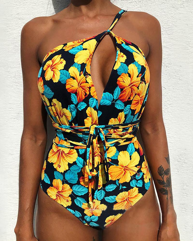

Print Spaghetti Strap One Piece Swimsuit, Black