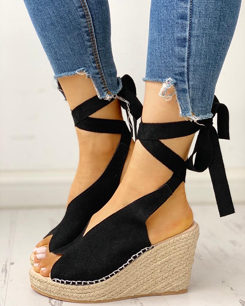 

Suede Knotted Ankle Platform Wedge Sandals, Black